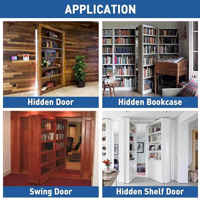 TamBee Hidden Bookcase Hinges Pivot Door Hinge with Lock Hidden Door Hinges for Secret Door 304 Stainless Steel with Spring Latch Lock and Cable