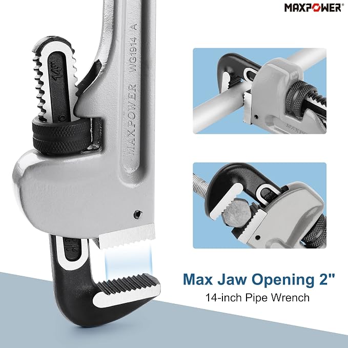 MAXPOWER 14-Inch Pipe Wrench, 2-inch Jaw Capacity | 40% Lighter Aluminum Plumbing Wrench, Heavy Duty Straight Pipe Wrenches