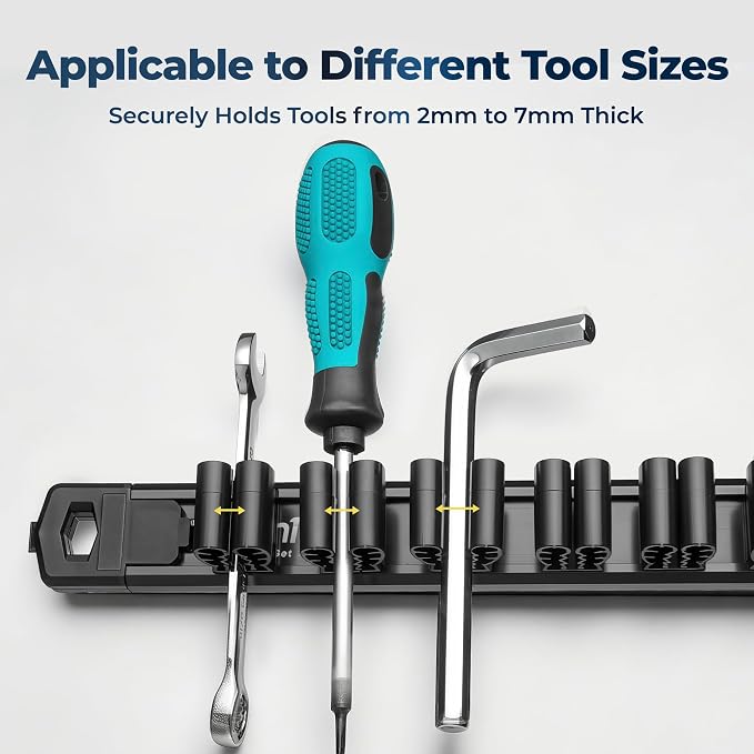 Reniteco Magnetic Screwdriver & Wrench Organizer, 12-Slot Tool Holder | Heavy-Duty Aluminum Alloy Rail Tool Holder, Flexible High-Tension Tool Clips, Magnetic Base, Tool Box Drawer or Wall Mount