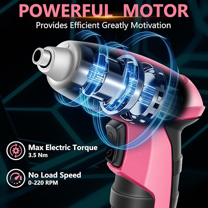 JENABOM Pink Cordless Electric Screwdriver, 3.6V Rechargeable Small Electric Drill with 24pcs Driver Bit Set, Power 3.5Nm Screw Gun with LED Light for Women