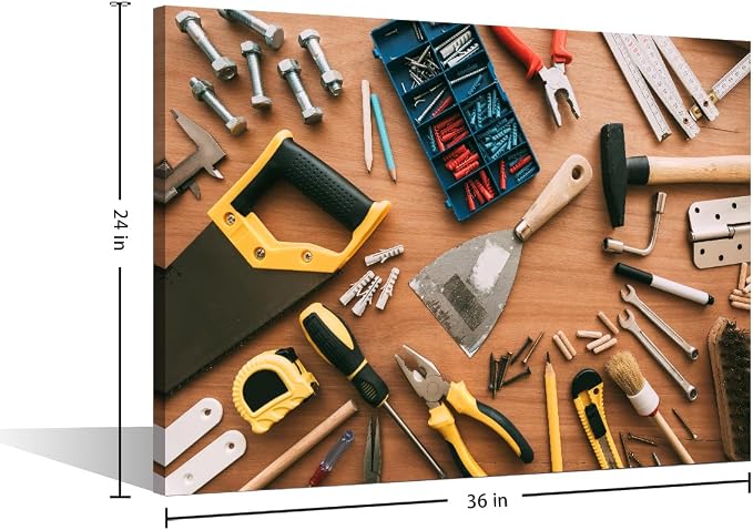 TUMOVO 1 Panels Large Wall Art for Living Room Assorted Woodwork Carpentry or Construction Tools Poster Canvas Supermarket Hotel Tool Room Hardware Store Wall Decor Ready to Hang (24" Wx36 H)