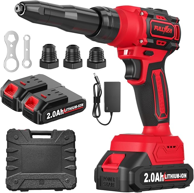 FULLYEA Electric Rivet Gun, Cordless Rivet Gun with 2 Pack Batteries and Fast Charger, Brushless Motor Rivet Gun Tool, Led Light, Automatic Power Rivet Gun Kit for 3 Size (1/8", 5/32", 3/16") Rivets