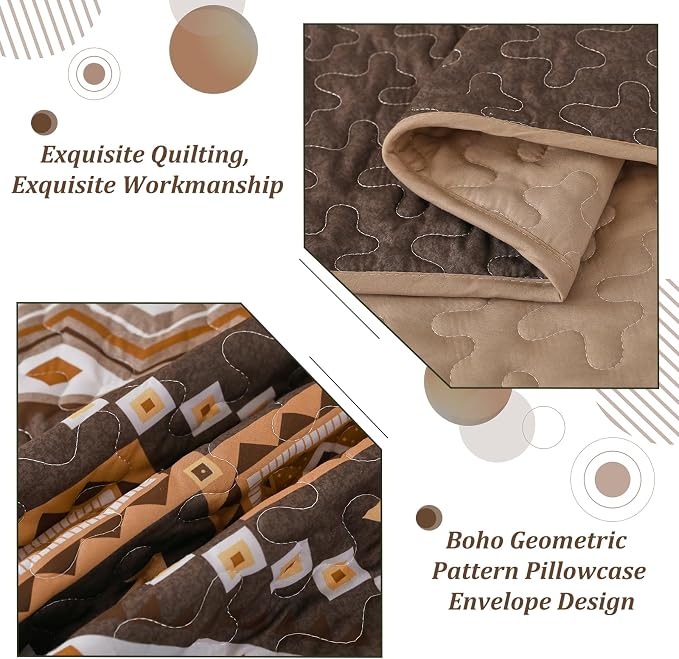 WONGS BEDDING Boho Quilt Set Queen Size,3 Pieces Brown Geometry Printed Bedspread Coverlet Set,Lightweight Microfiber Bedding Set with 2 Pillowcases,96"×90"