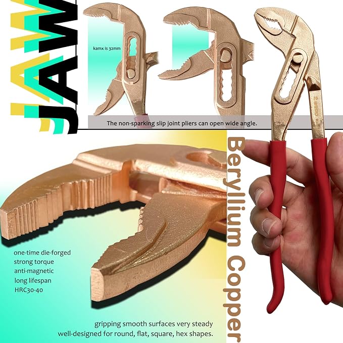 WEDO Non-Sparking Slip Joint Pliers with Rubber Grip Handle 10", Spark-free Safety Slip Joint Pliers,Beryllium Copper, Non-Magnetic, DIN Standard, BAM & FM Certificate, Size 10 * 32 * 250mm