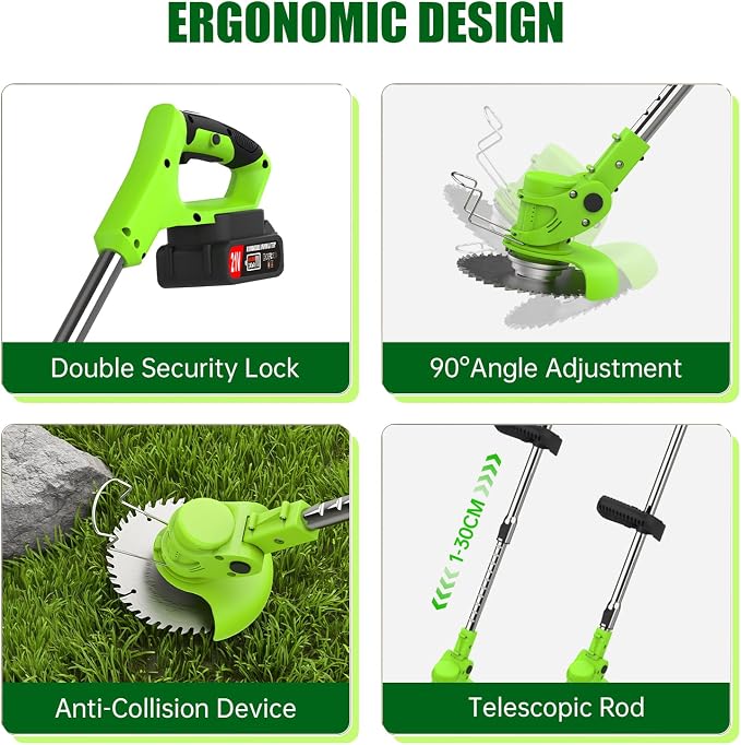 Electric Weed Wacker Eater Cordless Weed Trimmer with Wheels and 2 Pcs 21V/2000mAh Batteries, 3 in 1 Grass Trimmer/Brush Cutter/Lawn Edger with 27 Pcs Replacement Blades for Lawn Garden and Yard