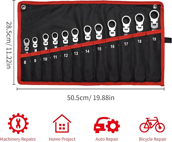 WISEUP 12Pcs Ratchet Wrench, CR-V Chrome-vanadium Steel 8-19mm Wrench | 180 ° Adjustable Combination Wrenches, Double-end Ratchet Wrench, Anti-slip Rust-proof, Labor-saving Tools