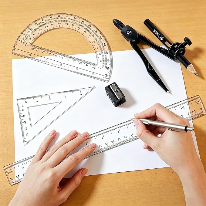 5 Pcs Plastic 12 Inch Ruler Set,Compasses,6 Inch Protractor,Set Square Student Geometry Math Set Durable Transparent Drawing Measuring Rulers for School Office (4)