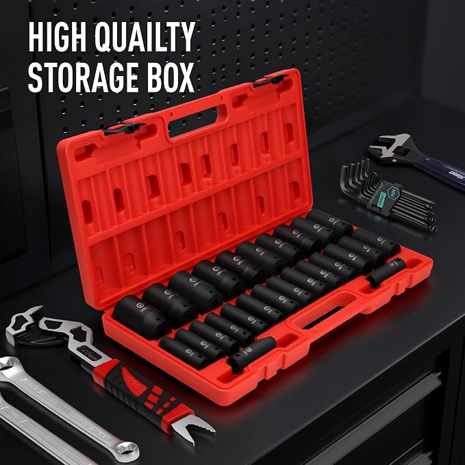 DISEN 26 Pcs Metric 1/2" Impact Socket Set | 10mm - 36mm Deep Sockets Set Impact, 6-Point,Cr-V,Rugged Construction 1/2 Inches Drive Socket