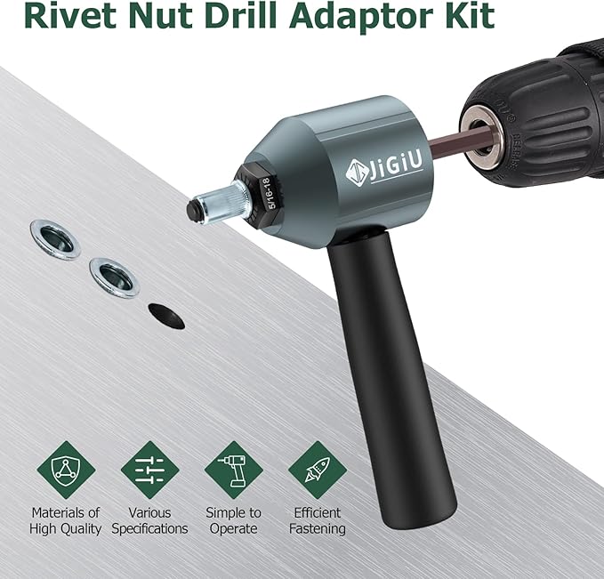 JiGiU Cordless Rivet Nut Drill Adapter Kit Electric Rivet Gun Adapter with 11 Mandrels & 100PCS Nuts Easy to Install Electric Nut Gun Adapter for Mechanical Automobile Maintenance with Carrying Case