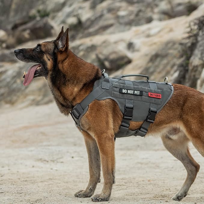 OneTigris Tactical Dog Harness for Small Dogs, No Pull Small Dog Vest Harness with Handles Breathable Military Dogs Molle Vests, Harness for Walking Hiking Training (Grey, XS)