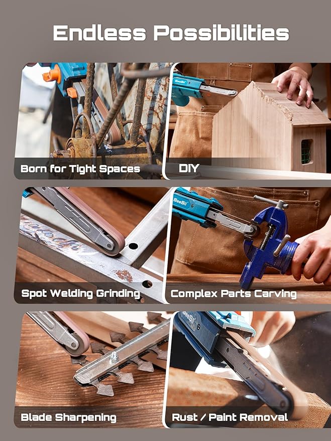 Seesii Belt Sander 1/2" x 18", 6 Speeds Max 1700 FT/Min, with 2 * 2.0Ah Battery, Charger, Hand Held Belt Sander for Metal Working, Wood, Plastic, Auto Grinding