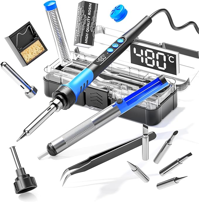Soldering Iron Kit, 90W 110V LCD digital soldering gun，12-in-1 Soldering Iron Kit Tool，Temperature adjustable from 180-480°C，5 soldering tips，soldering wire，soldering paste，soldering pump
