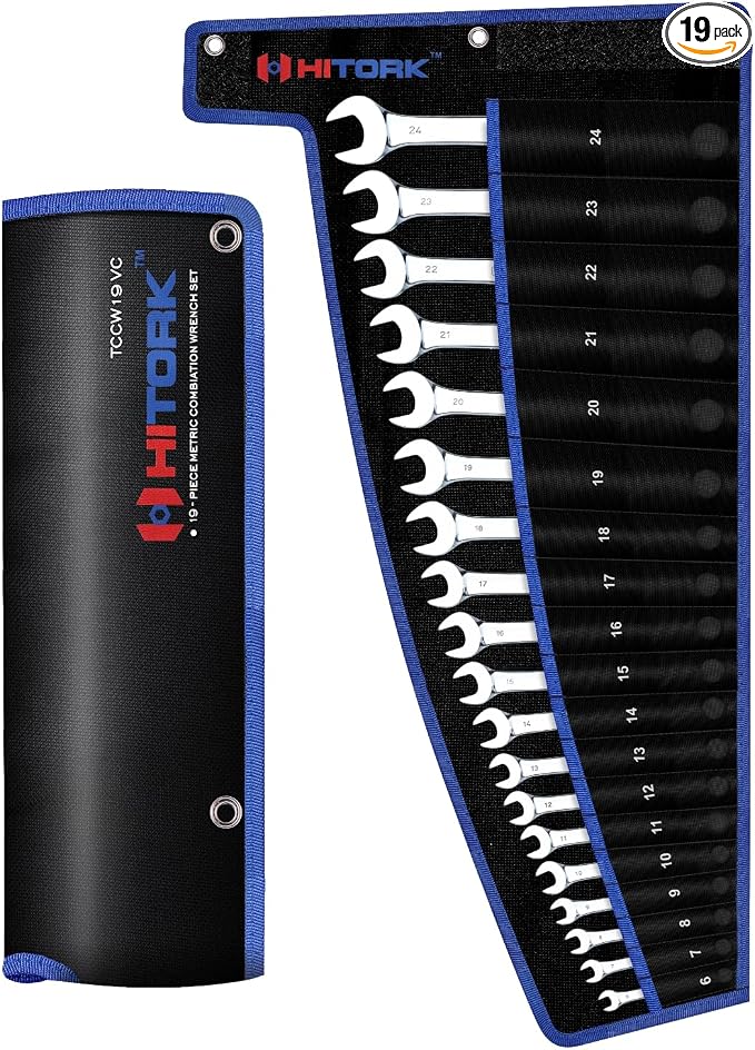 HITORK 19 Piece Metric Combination Wrench Set, 6-24 mm, CR-V, Storage Pouch | Mirror chrome finish, 15° Offset box ends and organized roll up storage improve access, control automotive repair work