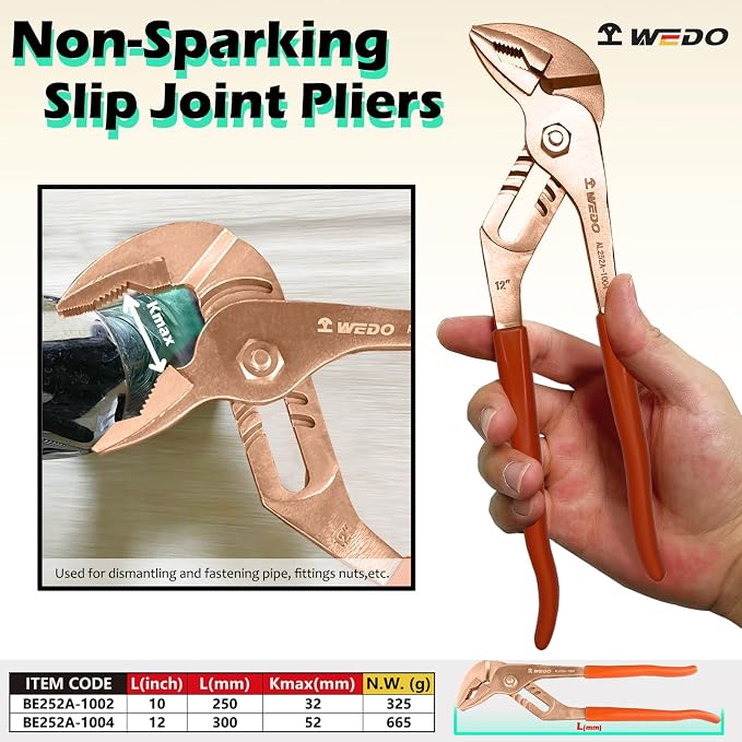 WEDO Water Pump Pliers, Slip Joint Pliers, Tongue and Groove Pliers, Length 12 inch, length 300mm, Max jaw opening 52mm, Beryllium Copper, Non-Sparking, DIN Standard, BAM & FM Certificate