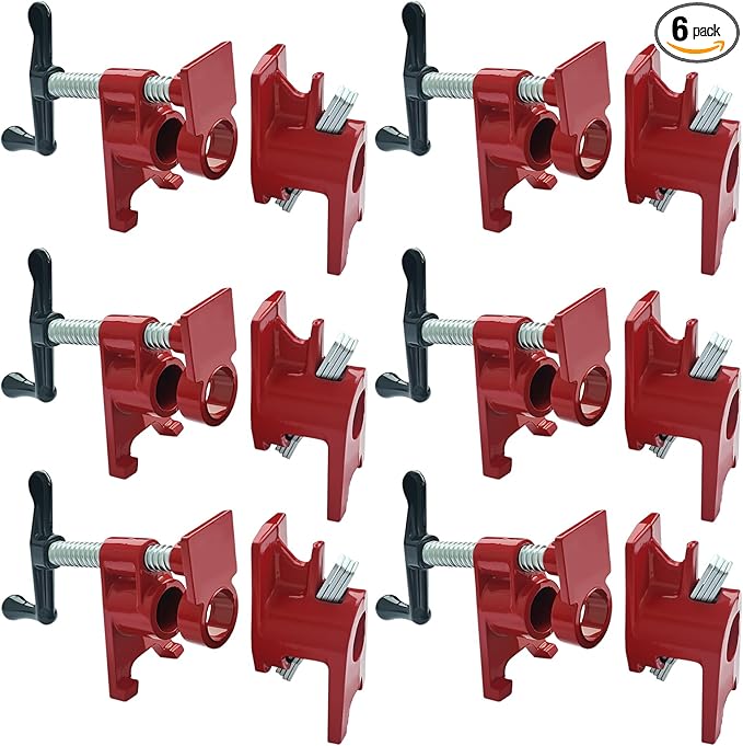 Pipe Clamps 3/4 inch 6 Pack Pipe Clamp with Unique Foot Ideal for Carpentry, Home Improvement, and DIY Projects Wood Gluing Clamps (Red, 3/4 IN)