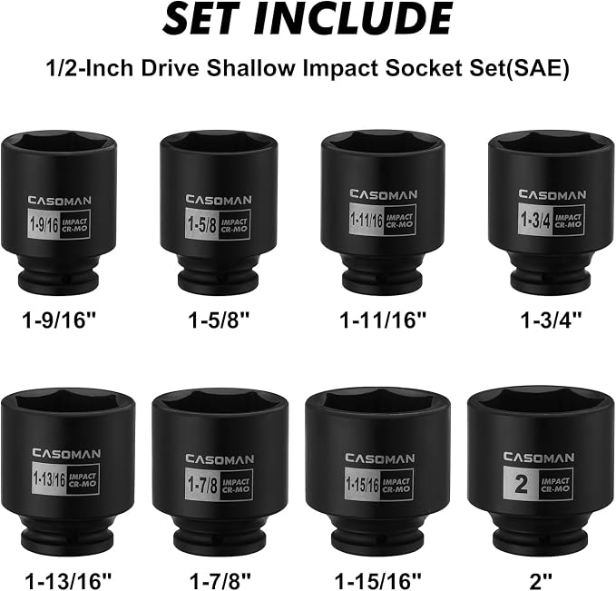 CASOMAN 1/2-Inch Drive Shallow Spindle Axle Nut Impact Socket Set,1-9/16" to 2", 6-Point, SAE, CR-MO, 8 Piece 1/2" Heavy Duty Impact Socket Set