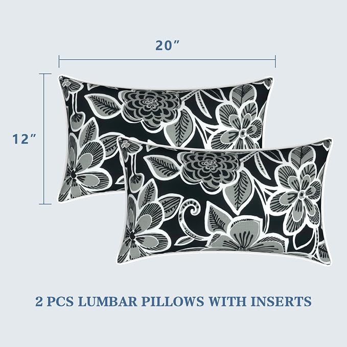 LVTXIII Set of 2 Outdoor Lumbar Pillows for Patio Furniture with White Piping, 12"x20" Fade Resistant Patio Lumbar Pillows with Inserts for Home Coach Sofa Use, Flower Black