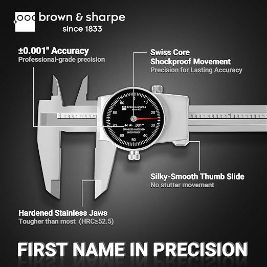 Brown & Sharpe Dial Caliper Measuring Tool 0-6", Swiss Core Movement 0.001" Accuracy, Shock-Proof Dial Vernier Caliper with Locking Screw, 4-Way Measurement, Hardened Stainless Steel, Smooth Operation