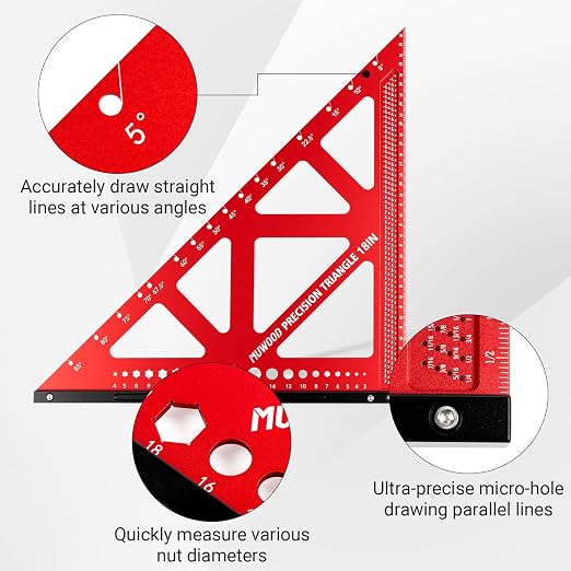 Precision Triangle Square 18 inch, Imperial Scale Framing Square for Precise 90 and 45-Degree Measurement, Multifunctional Aluminum Alloy Architect Ruler for Carpenter