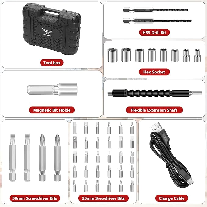 Electric Screwdriver, 3.6V Cordless & Rechargeable Screwdriver Set, 47pc Drill Set with Led Lights, USB Charging Cable