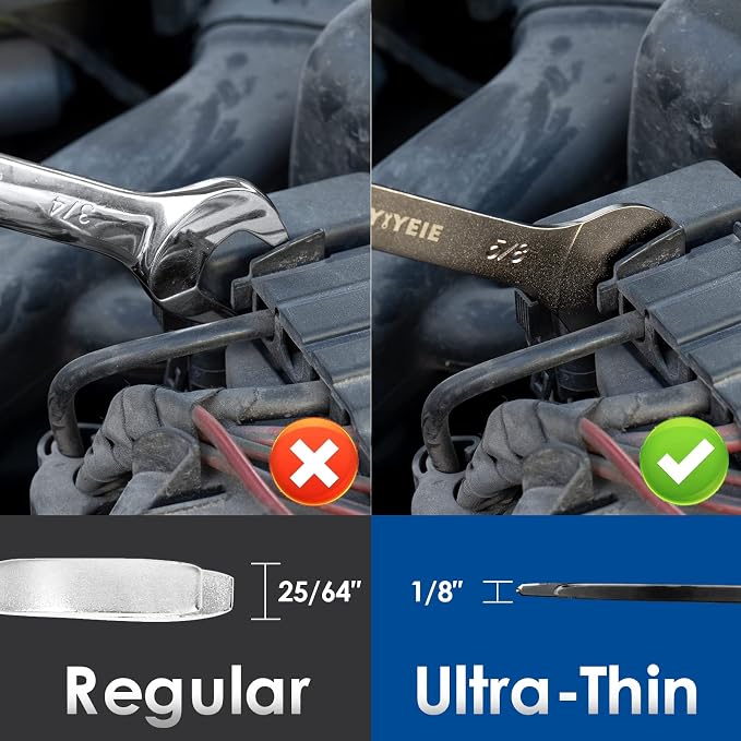 YIYEIE 9Pcs Super-Thin Wrench Set, Nickel Plating | CR-V Steel | SAE 1/4" to 1-1/16", Flat Thin Wrenches for Tight Space, 3mm Ultra-Slim, Dual Open End Wrench Set with Rolling Pouch
