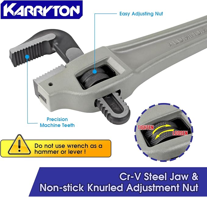18 Inch Aluminum Offset Pipe Wrench, 3.5"/89mm Adjustable Jaw Capacity, Heavy Duty Plumbers Wrench with Drop Forged Steel Jaw(CR-V), Perfect Plumbing Tool Exceed GGG Standard