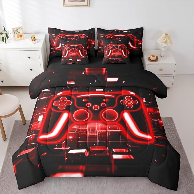 Erosebridal Gamer 7-Piece Comforter Set Full Bed in a Bag, Gaming Bedding Sets Neon Lights Game Boy Games Comforter and Sheet Set, Red Brick Cube Room Decor,Gaming Room Decor