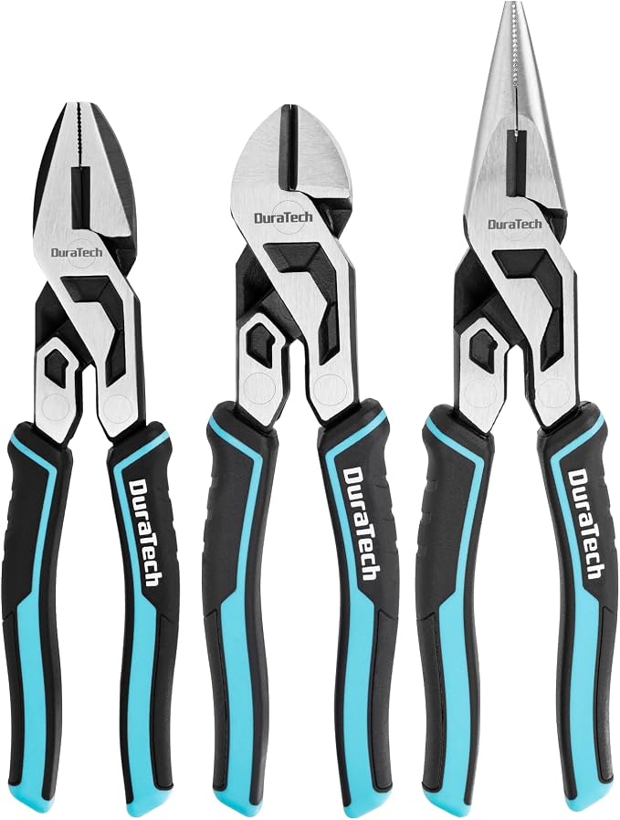 DURATECH 3-Piece Compound Pliers Set, Gen 2 Dual Pivot Design for Ultra Labor-Saving, High-Leverage 8.5" Needle Nose Pliers, 8" Diagonal Cutters, 8" Lineman's with Wire Cutter & TPR Grip, CR-V Steel