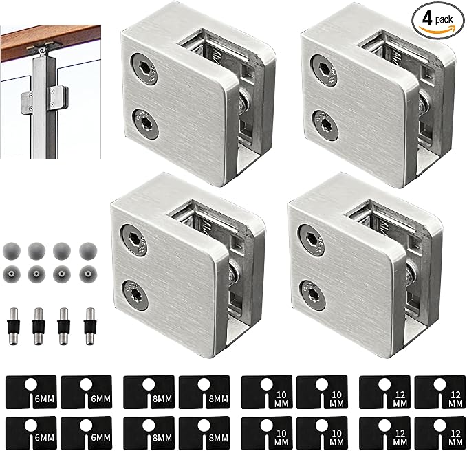 4-Pack Square Glass Clamps, 304 SS, 6-12mm, Polished (LIUCHONGYANG99)