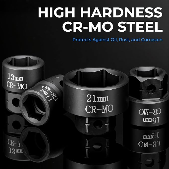 19-Piece 3/8" Drive Low Profile Nano Impact Socket Set, 6-24mm, Metric | Low Profile Desige, 6-Point Grip, Cr-Mo steel, Laser-Etched Markings, for Automotive, Bicycle & Industrial, Storage Case