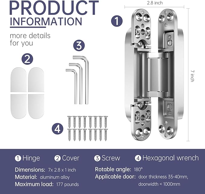 4-Pack 7 inch Hidden Hinges for Doors Invisible Hinges Concealed Zinc Alloy 180 Degree Swing 3 Way Adjustable Butt Silent Door Hinge 7 x 2.8 x 1 inch (Silver)