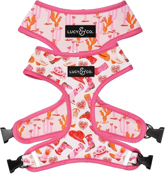 Lucy & Co. Reversible Dog Harness - Water-Repellent Neoprene, Dual-Print Design, Easy Swap Style, Adjustable Comfort Fit - Howdy Honey Reversible Harness - Small