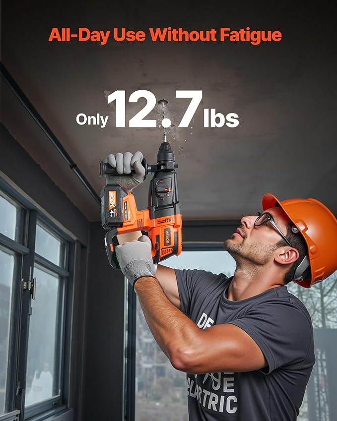VEVOR 1" SDS-Plus Rotary Hammer Drill, 20V Brushless Cordless SDS Hammer Drills, 4.0Ah Lithium-Ion Battery Powered,3.0A Fast Charger, 4 Modes,Rotomartillo for Concrete,1200 RPM, 5300 BPM