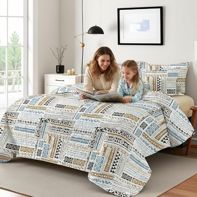 Geometry Patchwork Quilt Set King - Blue Quilts for King Size Bed, Multicolor Patchwork Printed Geometry Bedding Set - Soft Microfiber Lightweight Coverlet Bedspread(Geometry, King(90"x104"))