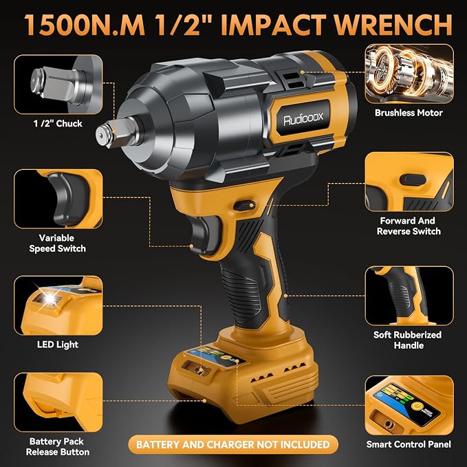 Impact Wrench Compatible with DeWalt Battery -1107Ft-lbs(1500N.m) | Impact Driver, 1/2" Impact Gun 3-Speed High Torque Power Tool for Home Car Pickup Truck RV Mower (No Battery)