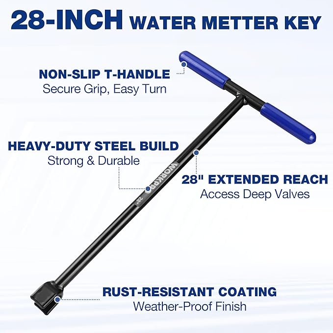 WORKPRO 28" Water Meter Key with 4 Way Utility Key, Heavy Duty Steel Water Shut Off Curb Key with Non-Slip T-Handle, Extended Reach Valve Tool for Outdoor Underground Water Valves