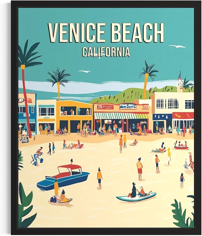 Venice Beach California Wall Art Print Poster, US Vintage Retro Beach Scenery Posters Prints for Restroom Home Picture Painting Artwork Gallery 219 (Venice Beach California, 16 x 20 inches, Black Frame)