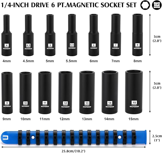 MIXPOWER 1/4" Drive Deep Magnetic Impact Socket Set with Storage Rails, 14-Piece, 6 Point, 4-15mm, Metric, CR-MO