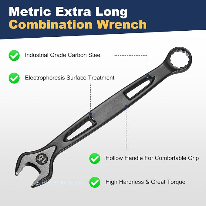 HARFINGTON 2pcs Combination Wrench 15mm Metric Extra Long 12-Point Box and Open End Carbon Steel Double Ended Industrial Grade Spanner for Automotive Furniture Machinery DIY Repair, Black