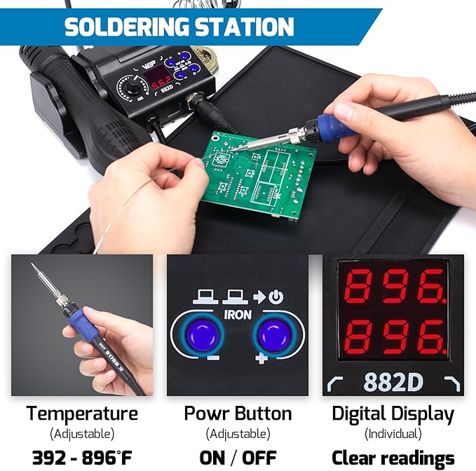 WEP 882D Soldering Iron Station 2-IN-1 SMD Hot Air Rework Station with 2 Spools of Solder Wire, 5 Soldering Tips, 3 Hot Air Nozzles, Brass Wool Tip Cleaner, Tweezers, Desoldering pump