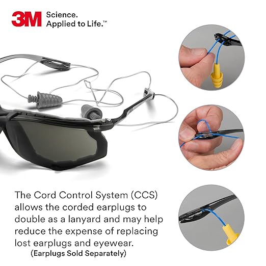 3M Safety Glasses, Virtua CCS, Pack of 1, ANSI Z87, Anti-Fog, Gray Lens, Black Frame, Corded Ear Plug Control System, Removable Foam Gasket