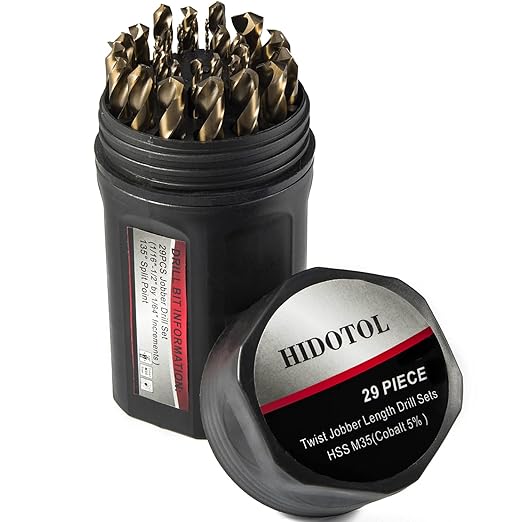HIDOTOL Cobalt Drill Bit Set 29 PCS - M35 High Speed Steel Twist Jobber Drill Bits for Hardened Metal, Stainless Steel, Cast Iron, Plastic and Wood with Indexed Round Case,1/16"-1/2" by 1/64" THS.