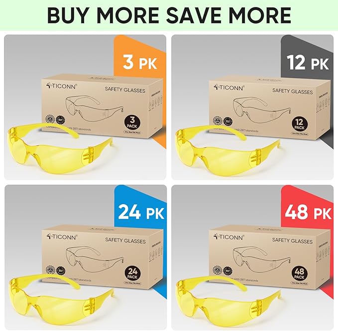 TICONN Clear Safety Glasses for Men and Women, Safety Goggles with Scratch Impact Resistant Meets ANSI Z87.1 Standard
