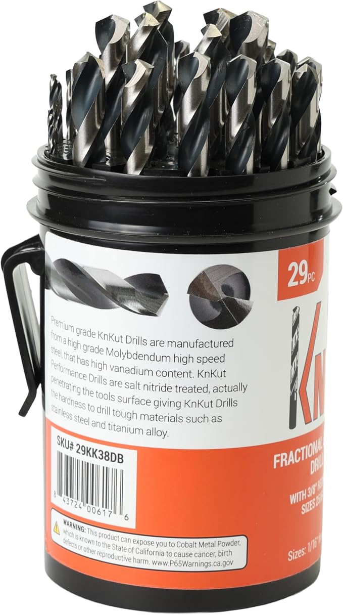 KnKut 29 Piece Drill Buddy Jobber Length Drill Bit Set with 3/8" Reduced Shank