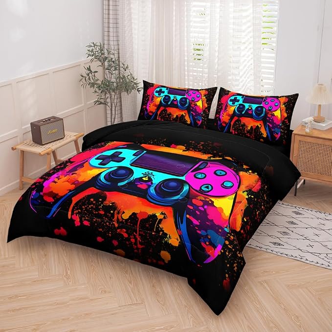 5 Pieces Gaming Comforter Sets for Boys,Kids Bedding Sets, Colorful Gamepad Controller,Gaming Bedding Set,Modern Gaming Boys Room Decor(Full, Red)