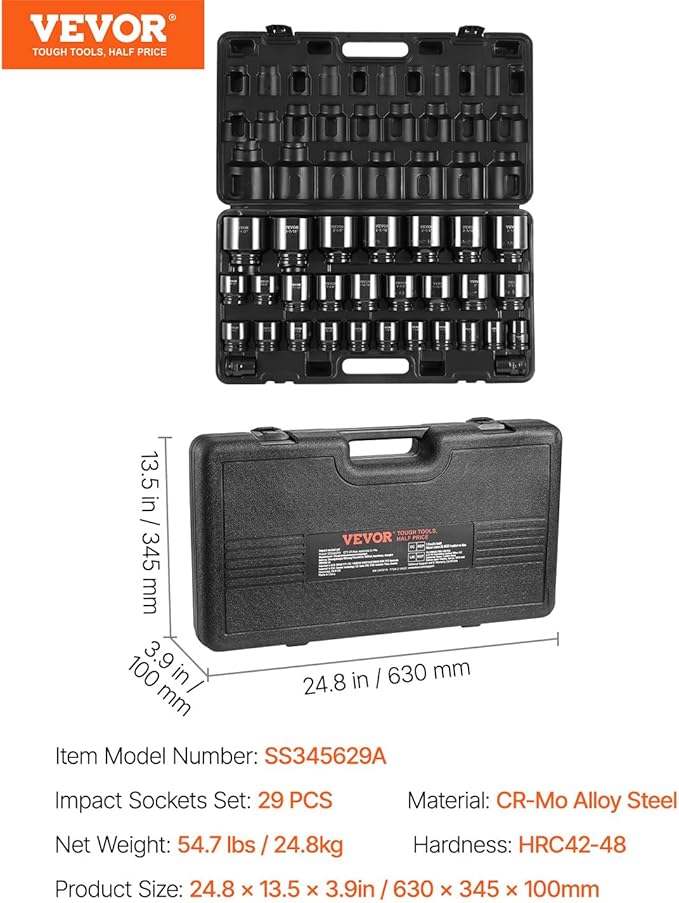 VEVOR 3/4" Drive Impact Socket Set, 29 Piece, CR-MO | SAE 3/4" to 2-1/2", 6 Point Sockets, Easy-to-Read Size Markings, Rugged Construction, with Storage Case