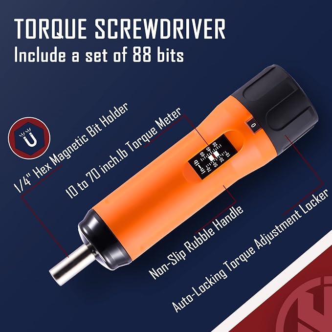 KNINE OUTDOORS Precision 1/4" Torque Screwdriver Set Adjustable from 10 to 70 In-Lbs Engineering Repair Kit Maintenance Tools with T-BAR Ratchet Screwdriver, Set of 92 pieces