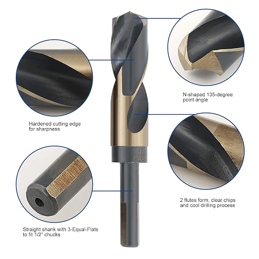 COMOWARE Reduced Shank Drill Bit Set, 8 Sizes from 9/16" to 1", HSS M2, Black & Gold Drill Bit with 3-Flat 1/2" Shank, 135° Split Point, Drills Bits for Metal/Plastic/Wood, with Storage case