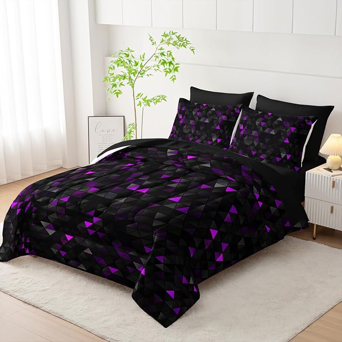 Nttopship Geometric Violet Black Triangle King Size Comforter Set,Light Honeycomb Bedding Set 7 Piece in A Bag,Bed Sheet Set Geometry Decor,Microfiber Lightweight All Season