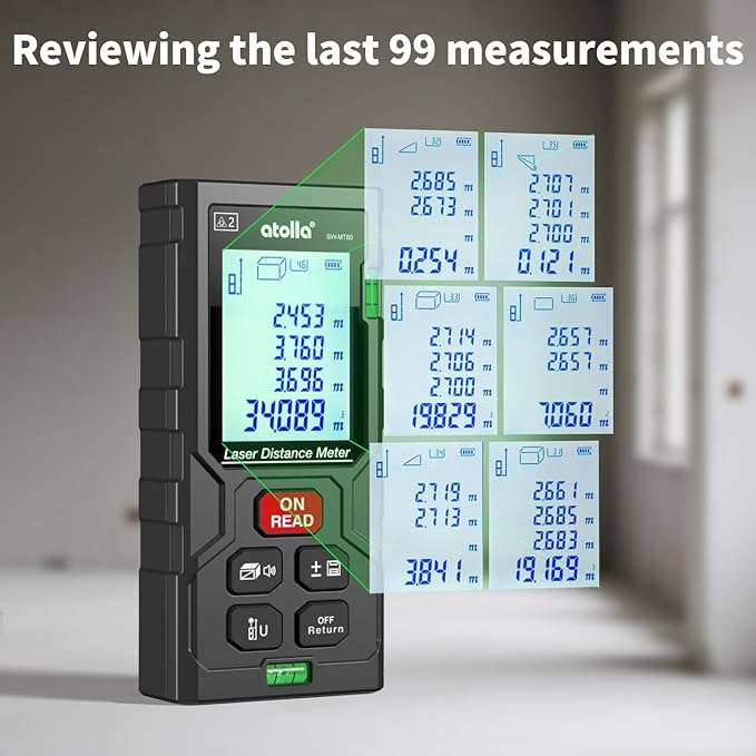 atolla Laser Measure 196Ft, Digital Laser Distance Meter with 2 Bubble Levels,Portable M/in/Ft Unit Switching Backlit LCD, Measuring Distance/Area/Volume/Pythagorean and Waterproof IP54 (Red Laser)